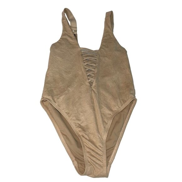 Beach Candy Samantha One Piece Swimsuit Size Small Tan Suede Crisscross Design - Picture 1 of 13